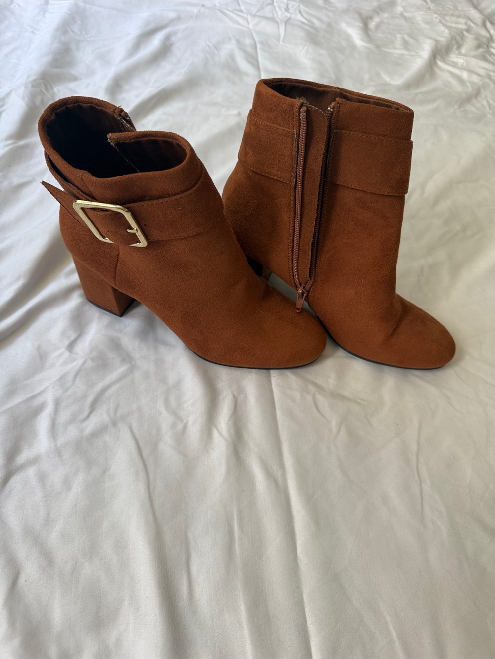 Qupid Suede Buckle Ankle Booties in Cognac Brown